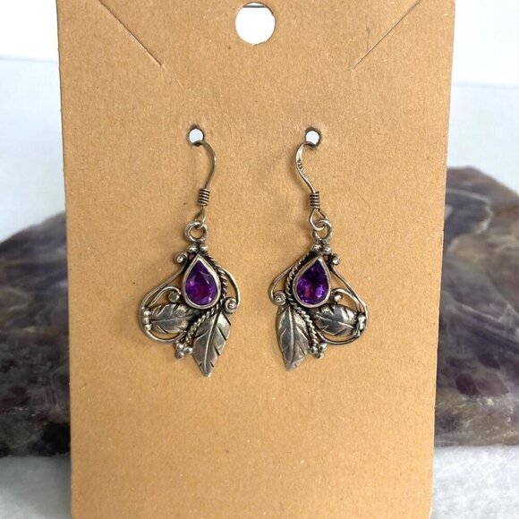 Sterling Silver 925 Southwest Style Amethyst Leaf Floral Foliage Dangle Earrings - Picture 1 of 16